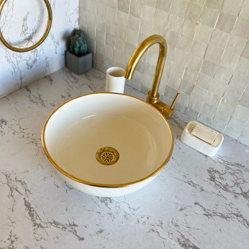 Handmade Moroccan Ceramic Sink Golden rim 14k #129